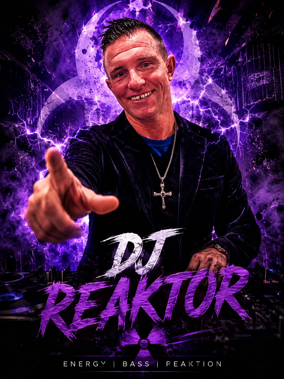 DJ Reaktor ohne Sonnenbrille am DJ-Pult vor violettem Artwork