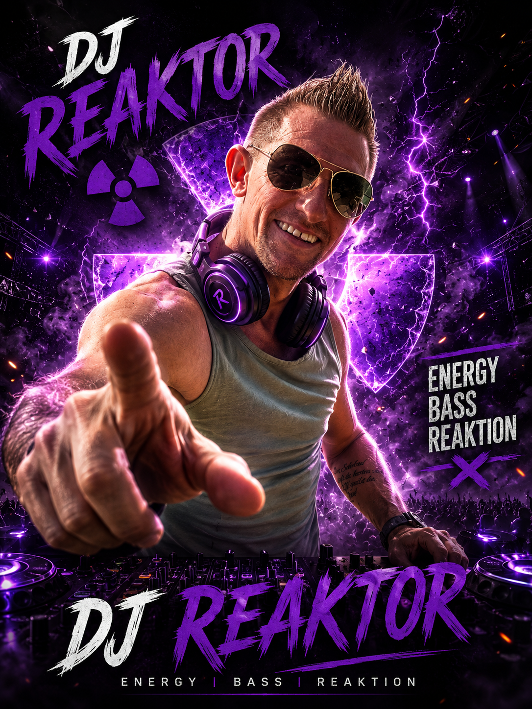 DJ Reaktor mit Sonnenbrille und Kopfhörern vor violetten Blitzen